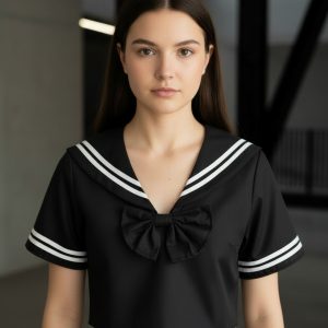 Remera Top Crop Sailor Kawaii Anime Seifuku Negro Con Moño