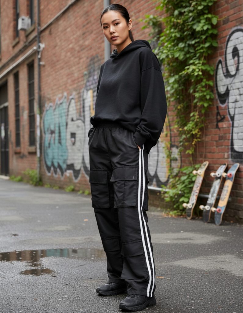 Pantalon Cargo Con Rayas Verticales Y Estilo Alternativo.