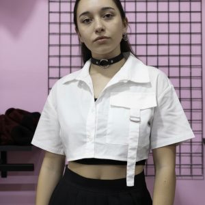 Camisa Crop Mujer Manga Corta Bolsillos Moda Urbana