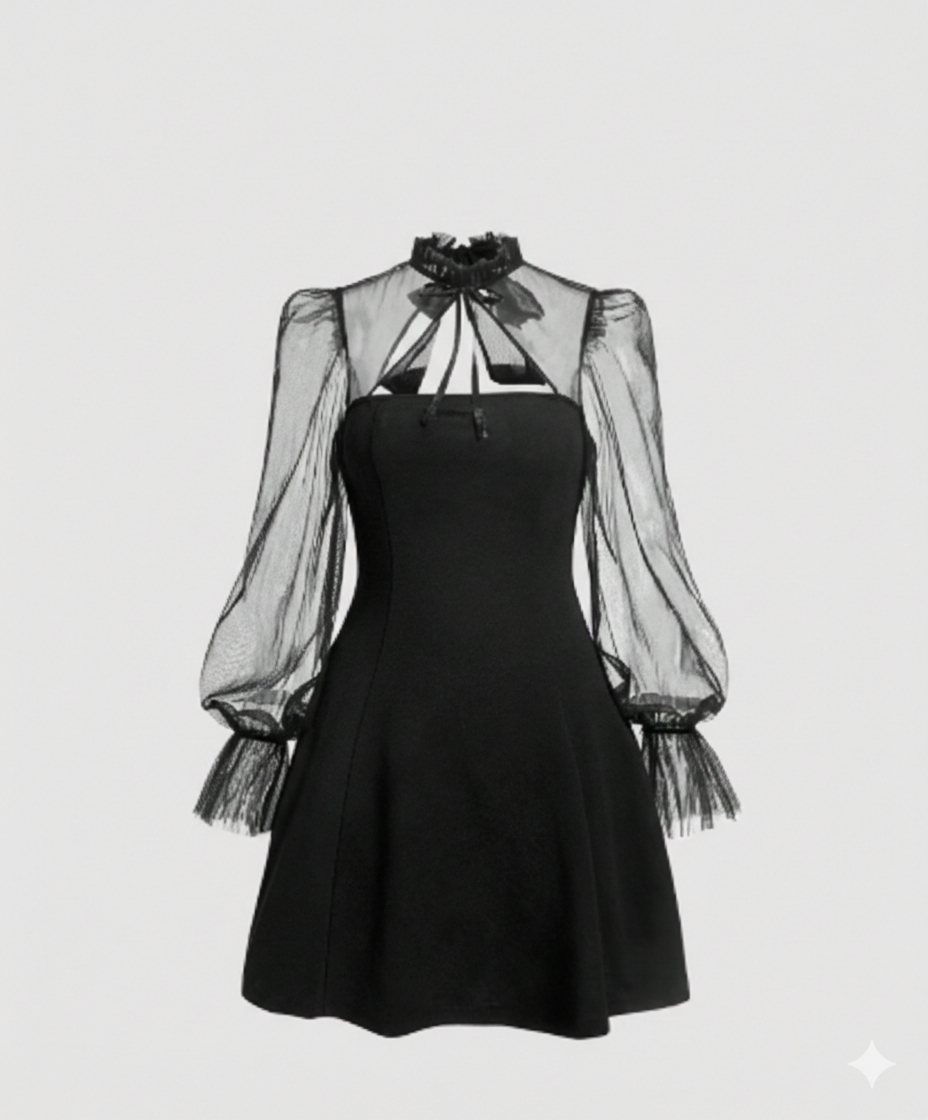 Vestido Negro Mangas Tul Transparentes Gotico - Image 4