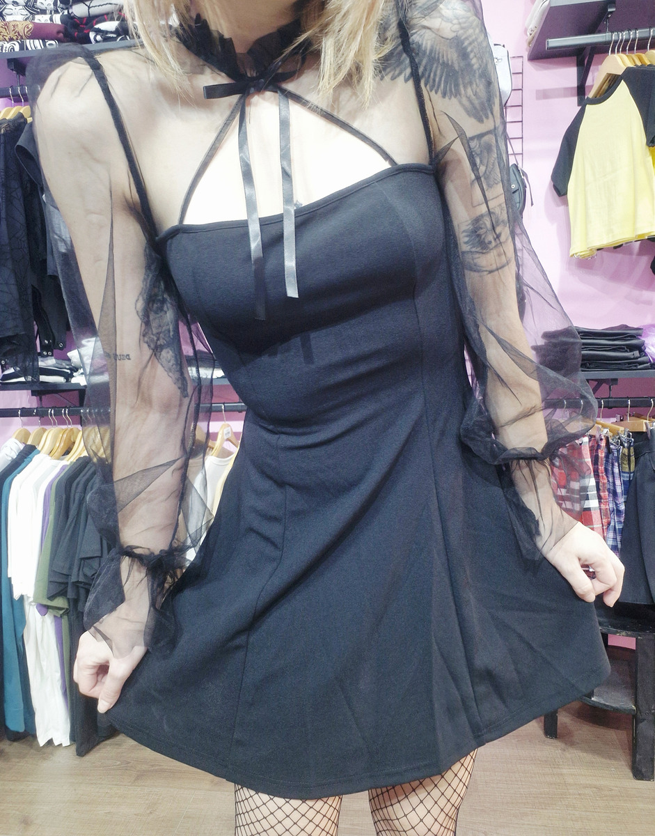 Vestido Negro Mangas Tul Transparentes Gotico - Image 2
