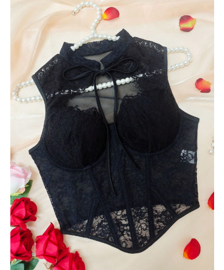 Corset Encaje Sobre Busto Con Cuello - Not Today - Image 4