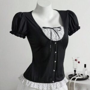 Blusa Negra Estilo Coquette Manga Corta Abullonada Con Moño