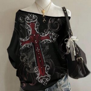 Remerón Oversize Negro Cruz Roja Estilo Gótico Y2K Mujer