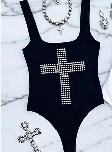 Body Gótico Negro con Cruz de Strass Brillante
