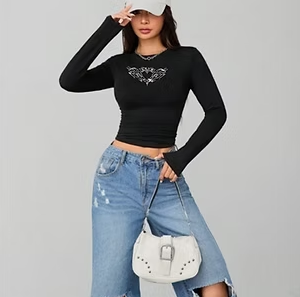 Top Gótico Negro Manga Larga Tribal Strass Minimal Dark