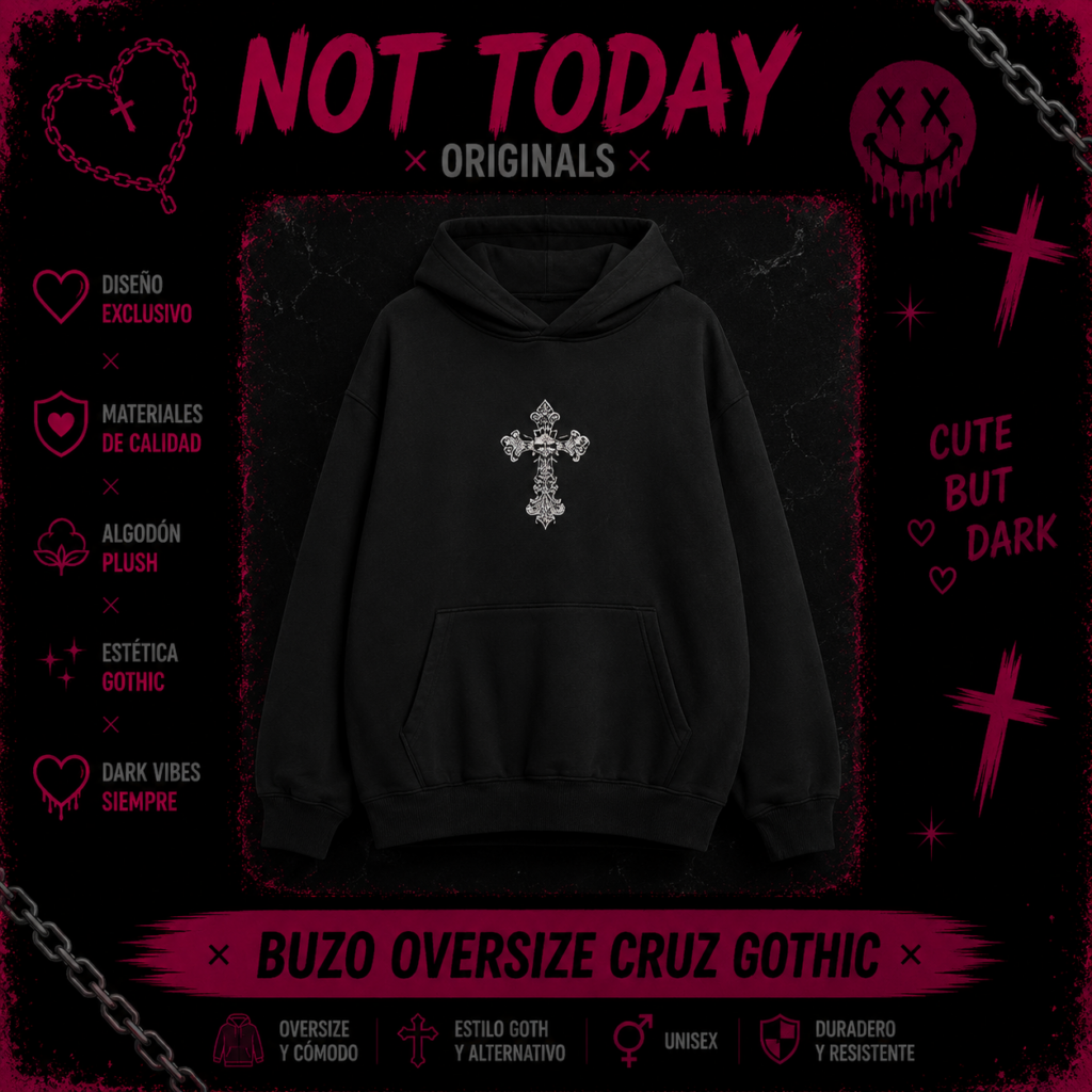 Buzo Oversize Cruz Bordada | Hoodie Goth Aesthetic Not Today