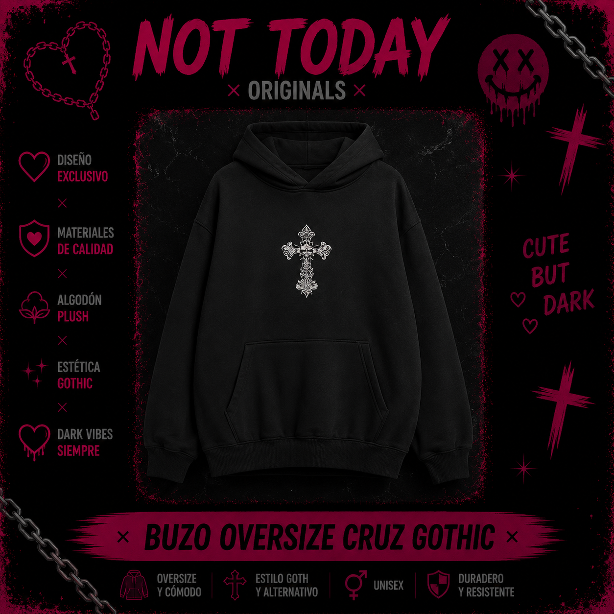 Buzo Oversize Cruz Bordada | Hoodie Goth Aesthetic Not Today
