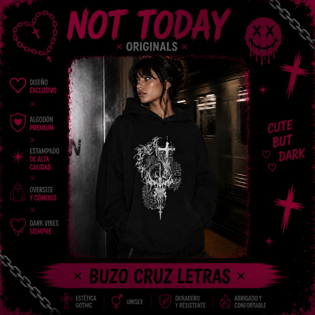 Buzo Oversize Cruz Letras | Hoodie Dark Aesthetic Not Today