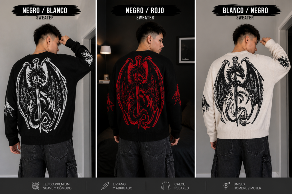 Sweater Oversize Dragón Gótico – Estampa Espalda Estilo Streetwear
