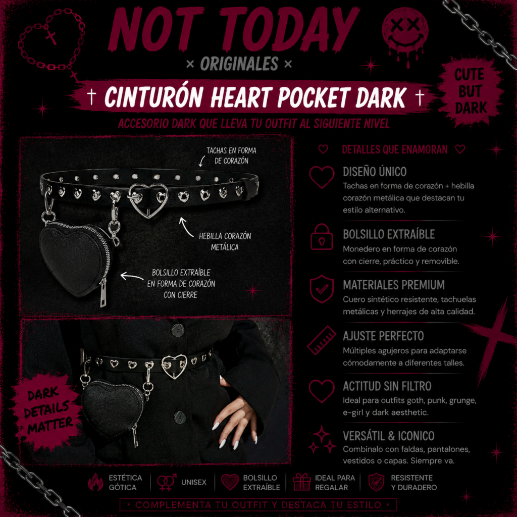 Cinto Heart Pocket Dark | Belt Goth Aesthetic Not Today