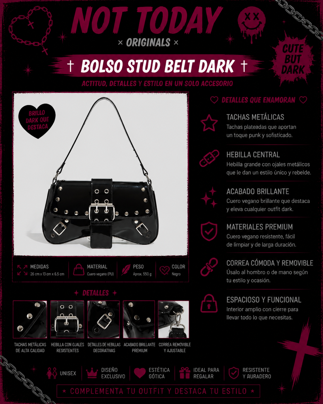 Cartera Negra Charol con Hebillas y Tachas – Estilo Gótico Y2K