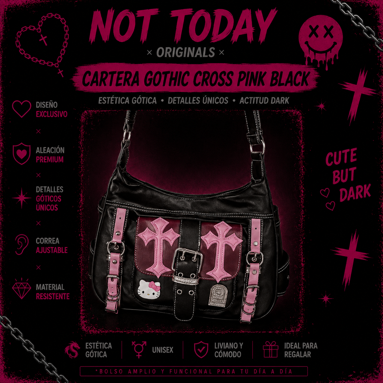 Cartera Gothic Cross Pink Black – Not Today Originals