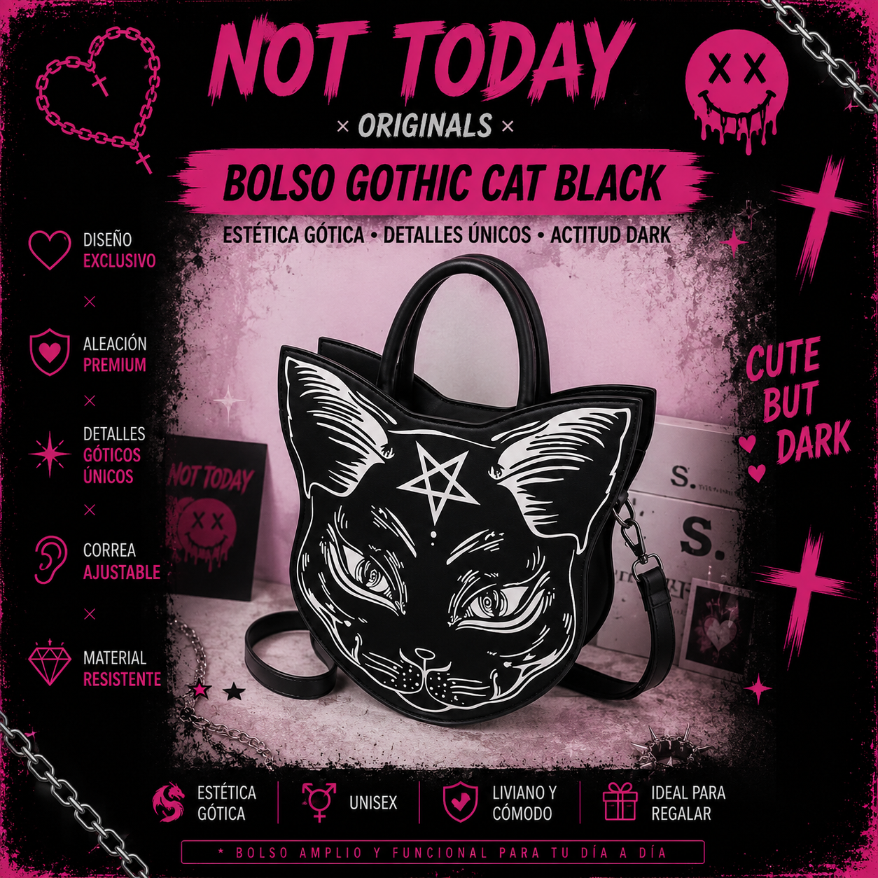 Cartera Gothic Cat Black Pentagram – Not Today Originals