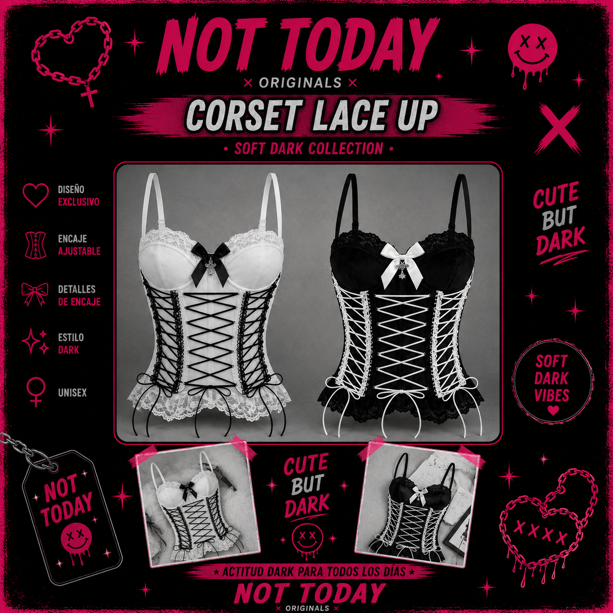 Corset Lace Up Soft Dark Blanco & Negro – Not Today Originals