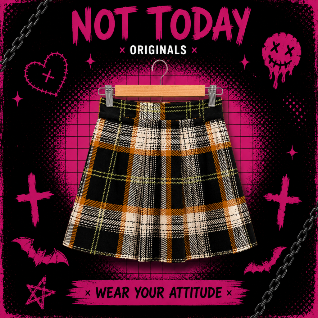 Pollera Tableada Cuadrillé Negro, Beige y Naranja – Estilo Urbano / K-Pop