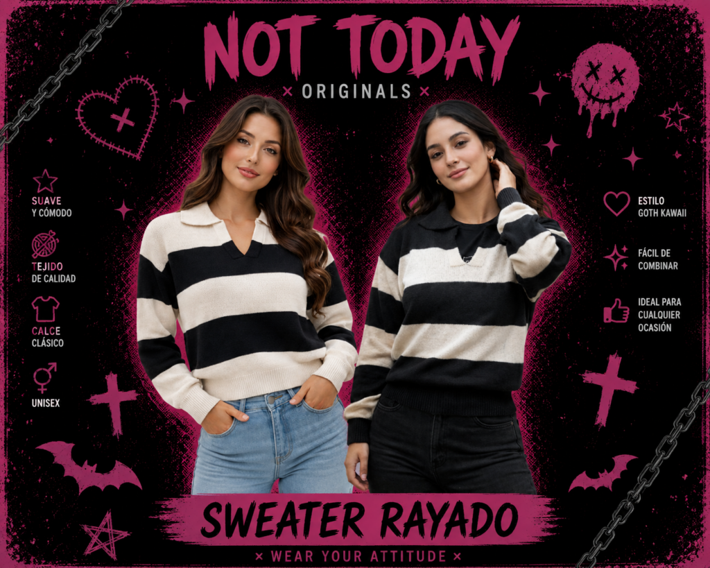 Sweater Rayado Tejido Cuello Polo Negro y Blanco – Not Today