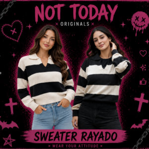 Sweater Rayado Tejido Cuello Polo Negro y Blanco – Not Today