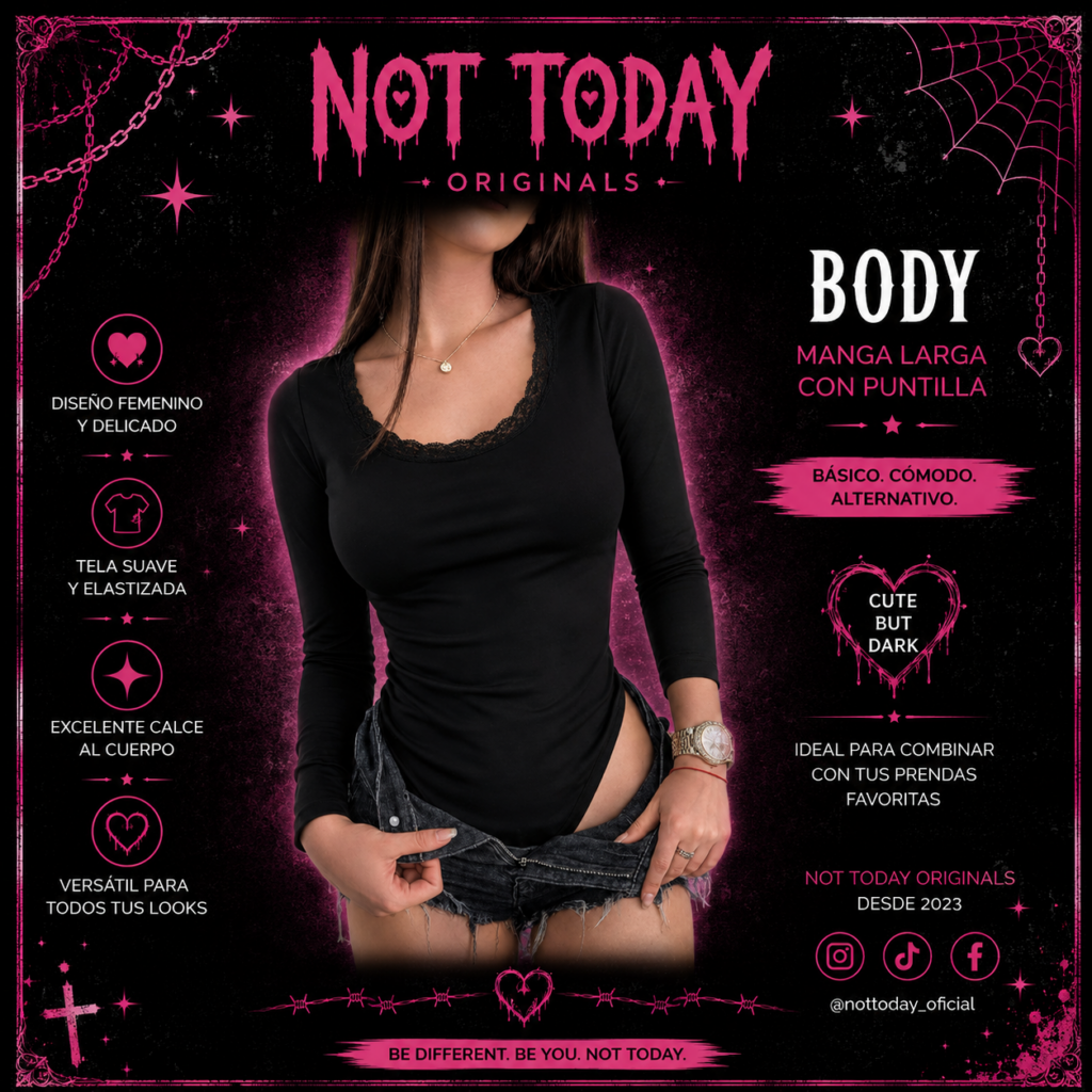 Body Manga Larga con Puntilla – Escote Redondo Negro
