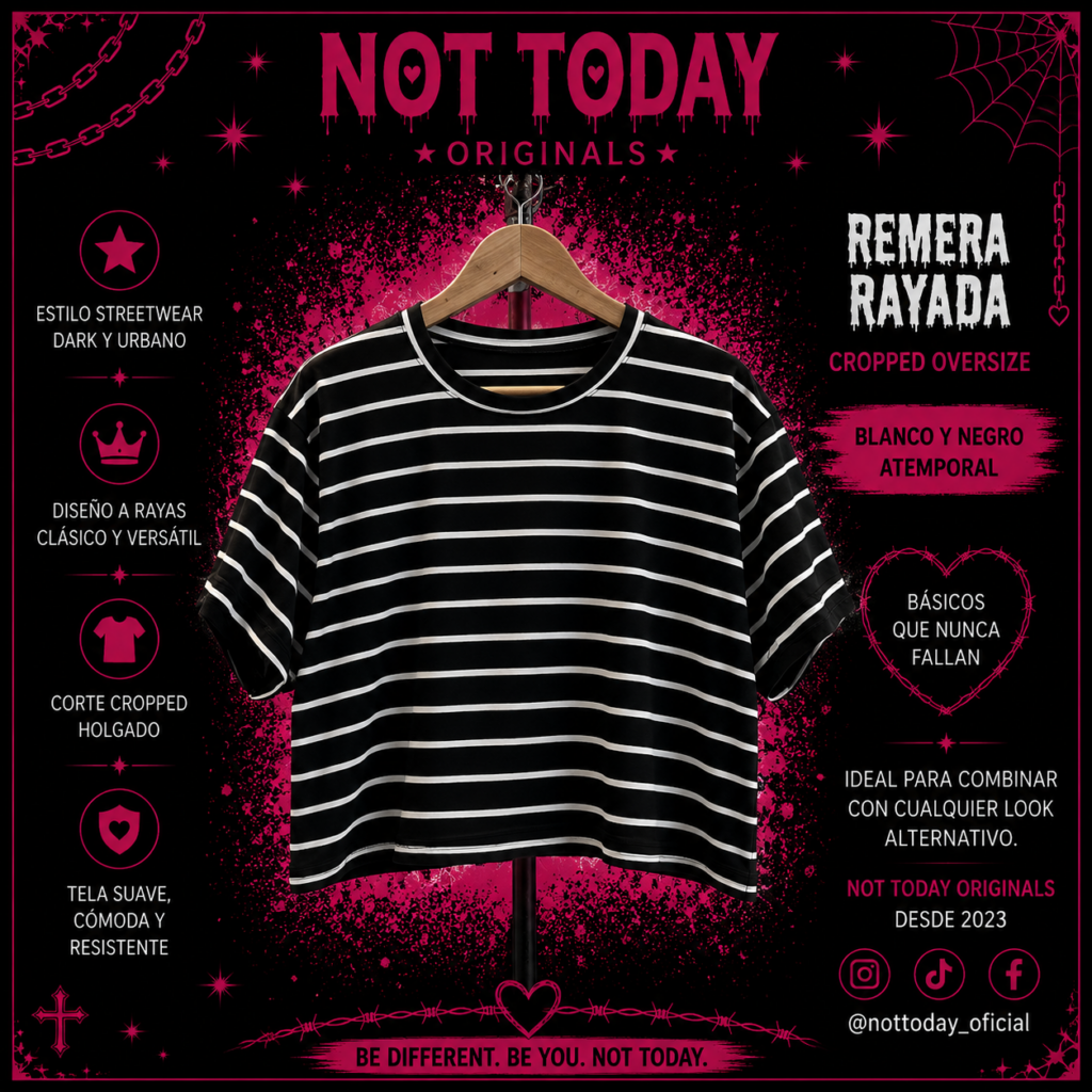 Remera Crop Oversize Rayada – Negra