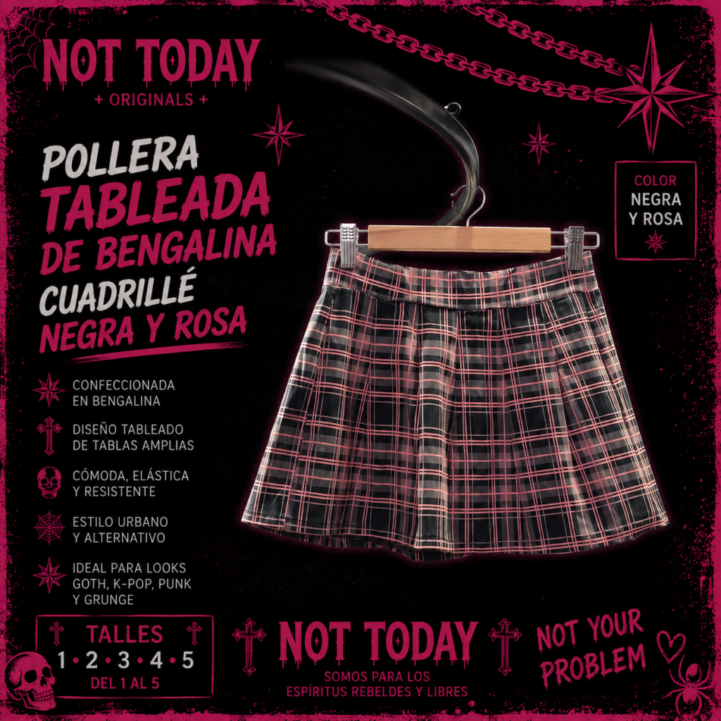 Pollera Tableada de Bengalina Cuadrillé Negra y Rosa