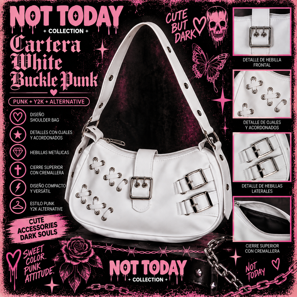 Cartera White Buckle Punk – Not Today