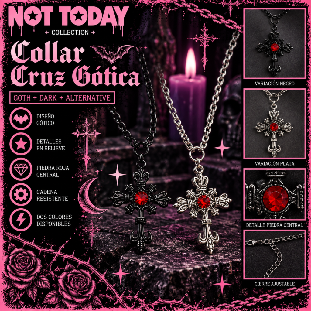 Collar Cruz Gótica con Piedra Roja – Not Today
