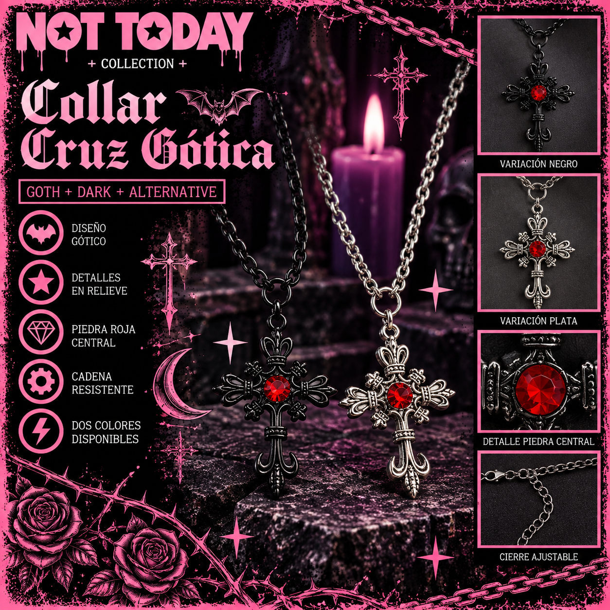 Collar Cruz Gótica con Piedra Roja – Not Today