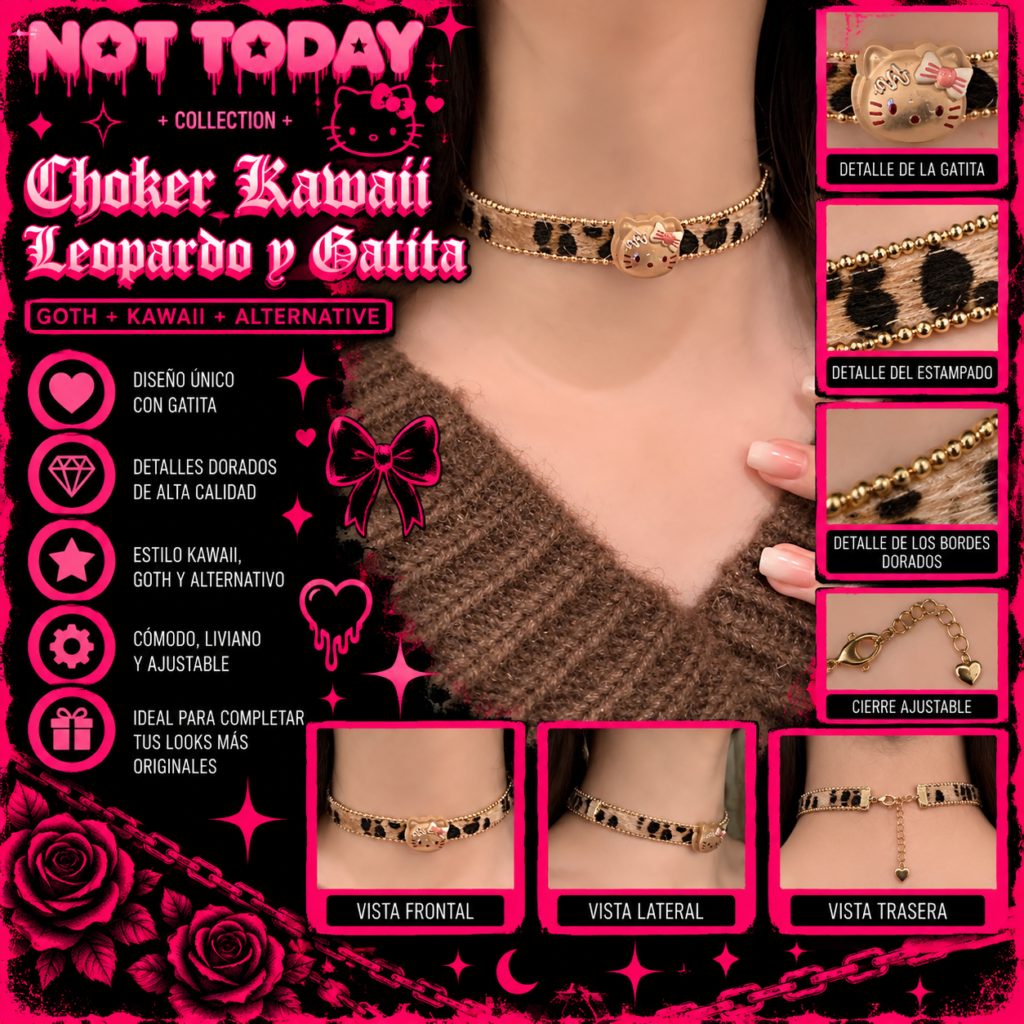 Choker Kawaii Animal Print Leopardo con Gatita y Detalles Dorados