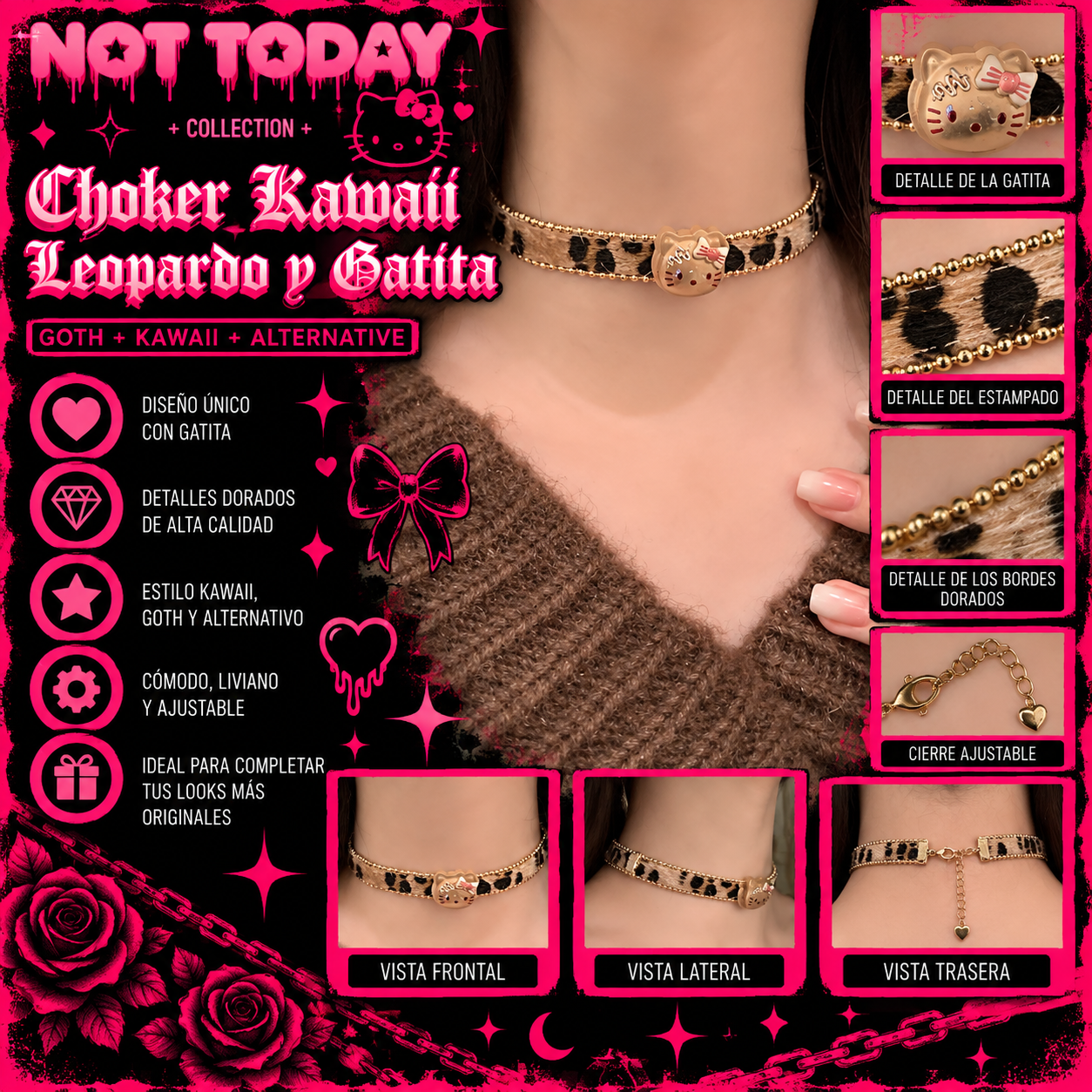 Choker Kawaii Animal Print Leopardo con Gatita y Detalles Dorados