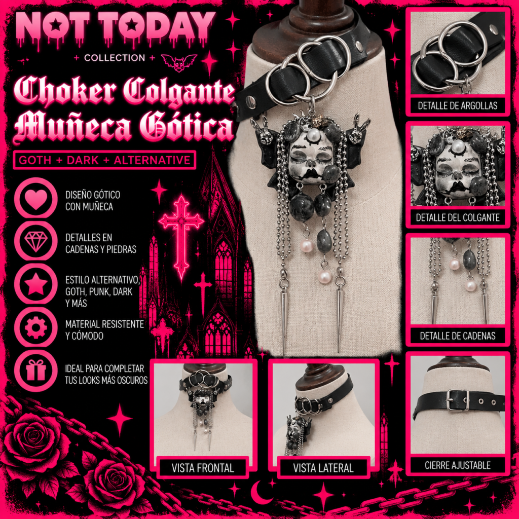 Choker Gótico Muñeca Oscura con Cadenas y Argollas