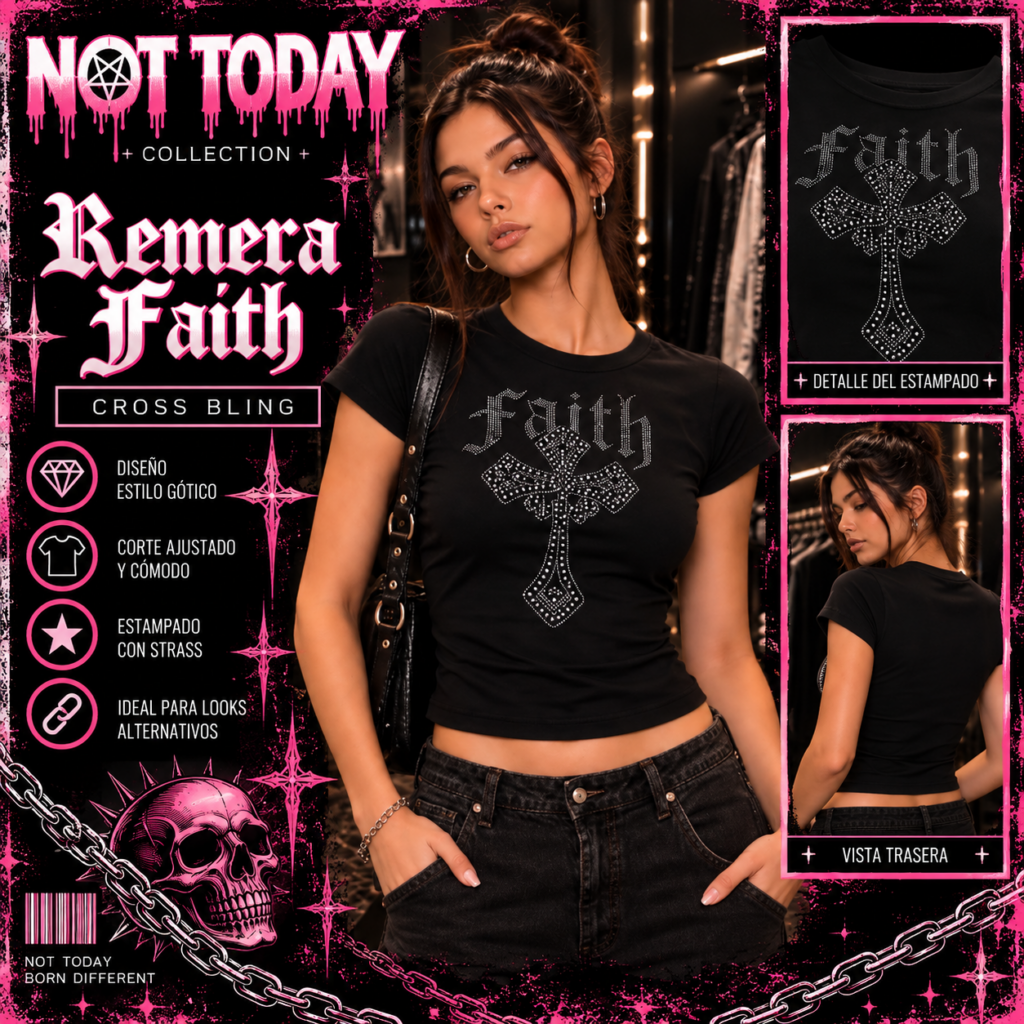 Baby Tee Negra Faith – Cruz Gótica con Strass