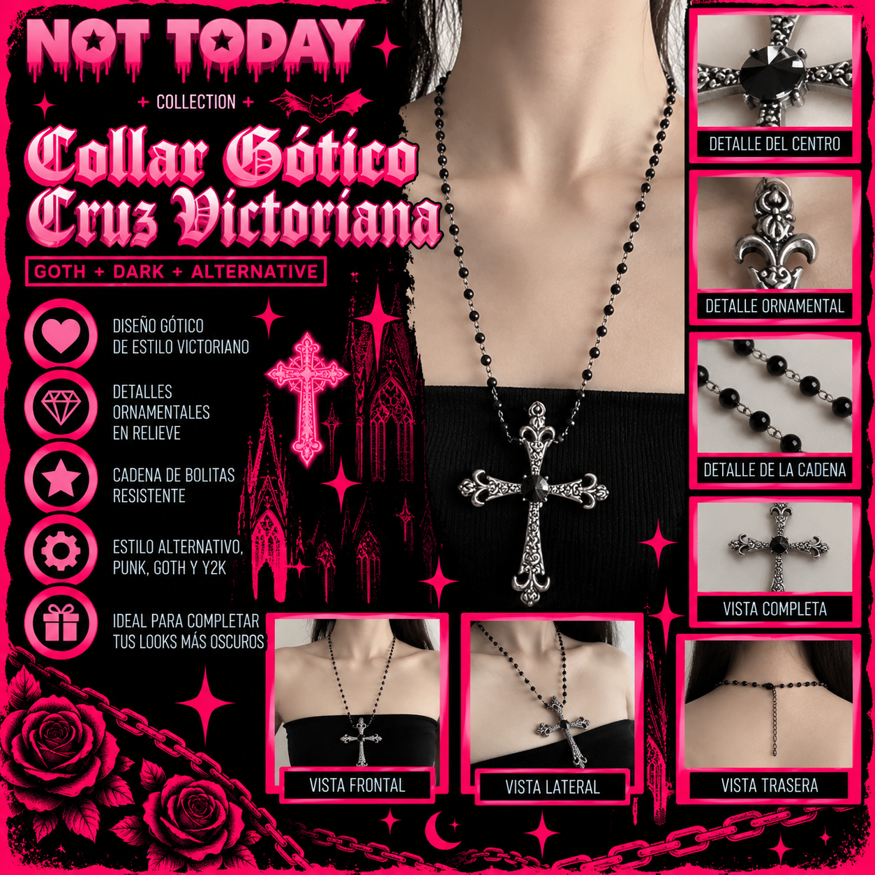 Collar Gótico Cruz Victoriana Plateada con Piedra Negra