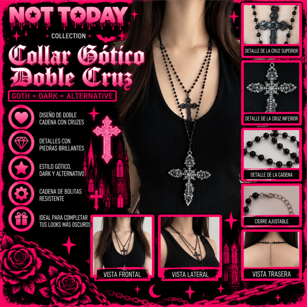 Collar Gótico Doble Cruz Victoriana con Cuentas Negras