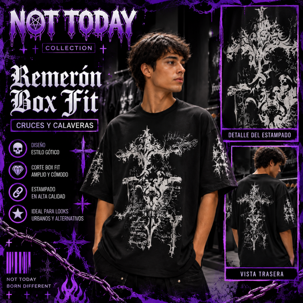 Remerón Box Fit Negro – Cruces y Cráneos Góticos