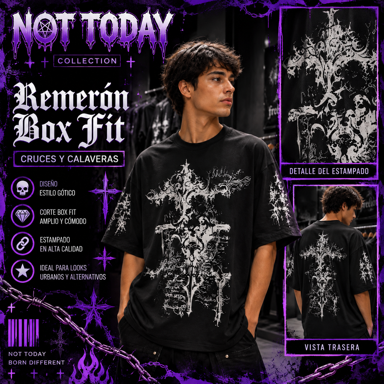 Remerón Box Fit Negro – Cruces y Cráneos Góticos