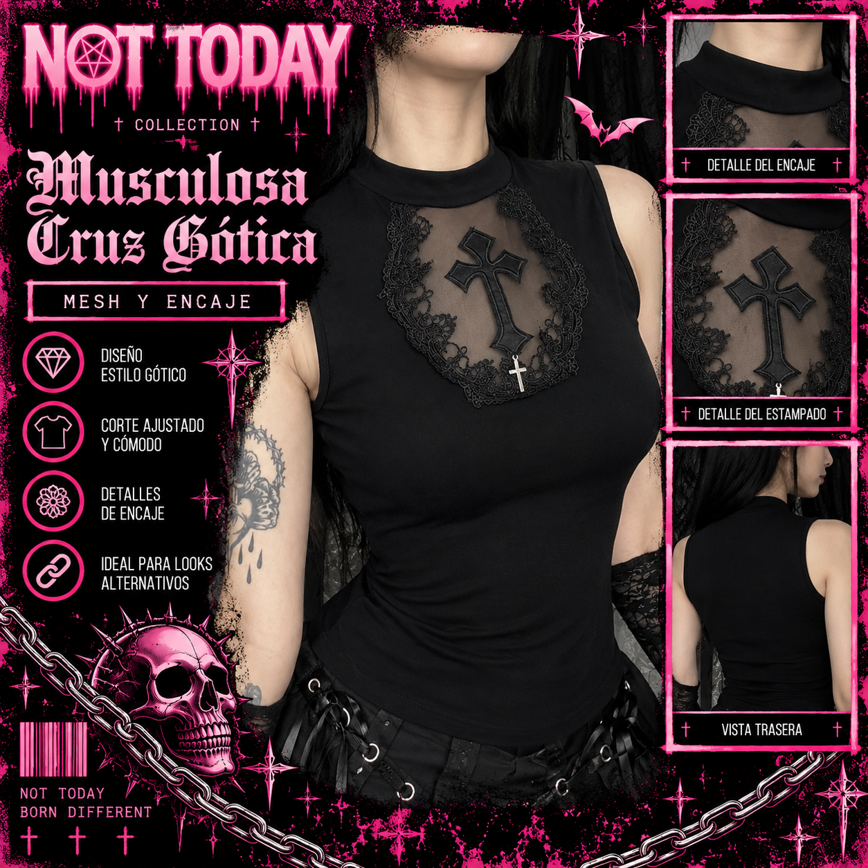 Top Gótico Negro – Cruz de Encaje y Transparencia
