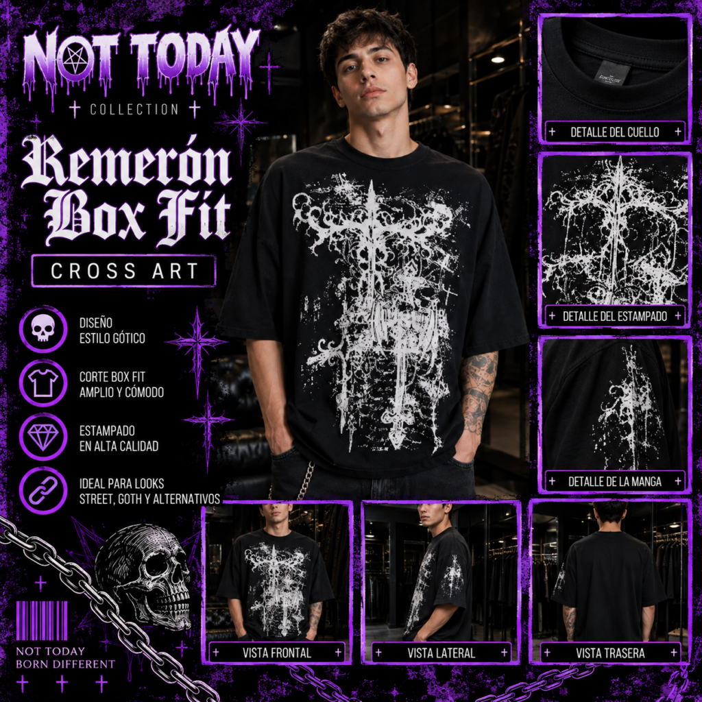 Remerón Box Fit Negro – Cruz Gótica y Cráneos