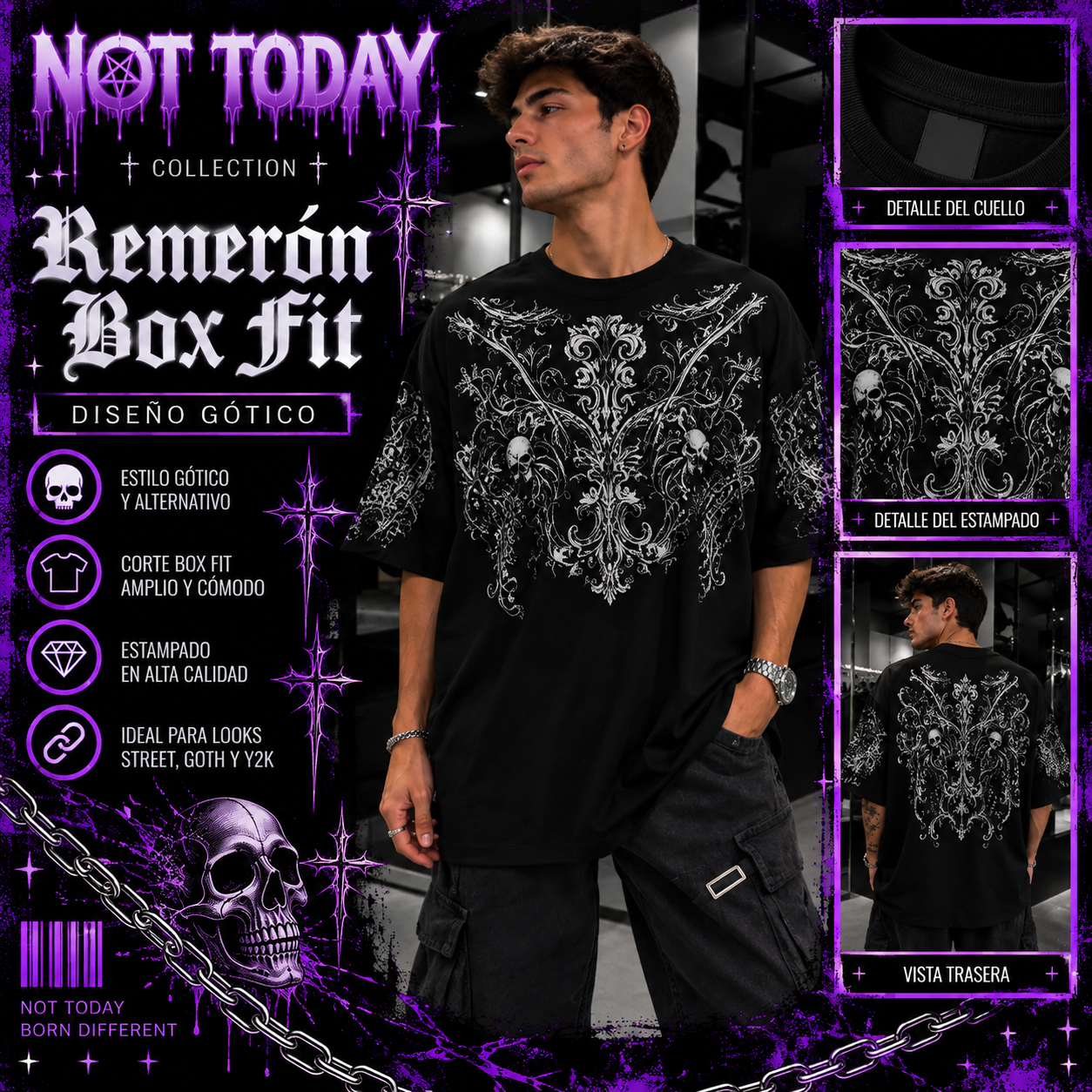 Remerón Box Fit Negro – Orlas Góticas y Calaveras