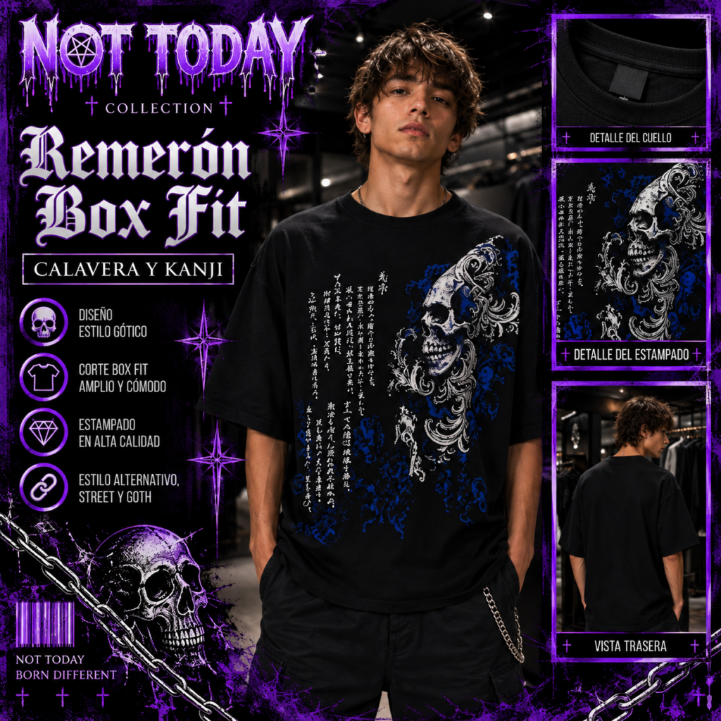 Remerón Box Fit Negro – Cráneo Samurai Azul