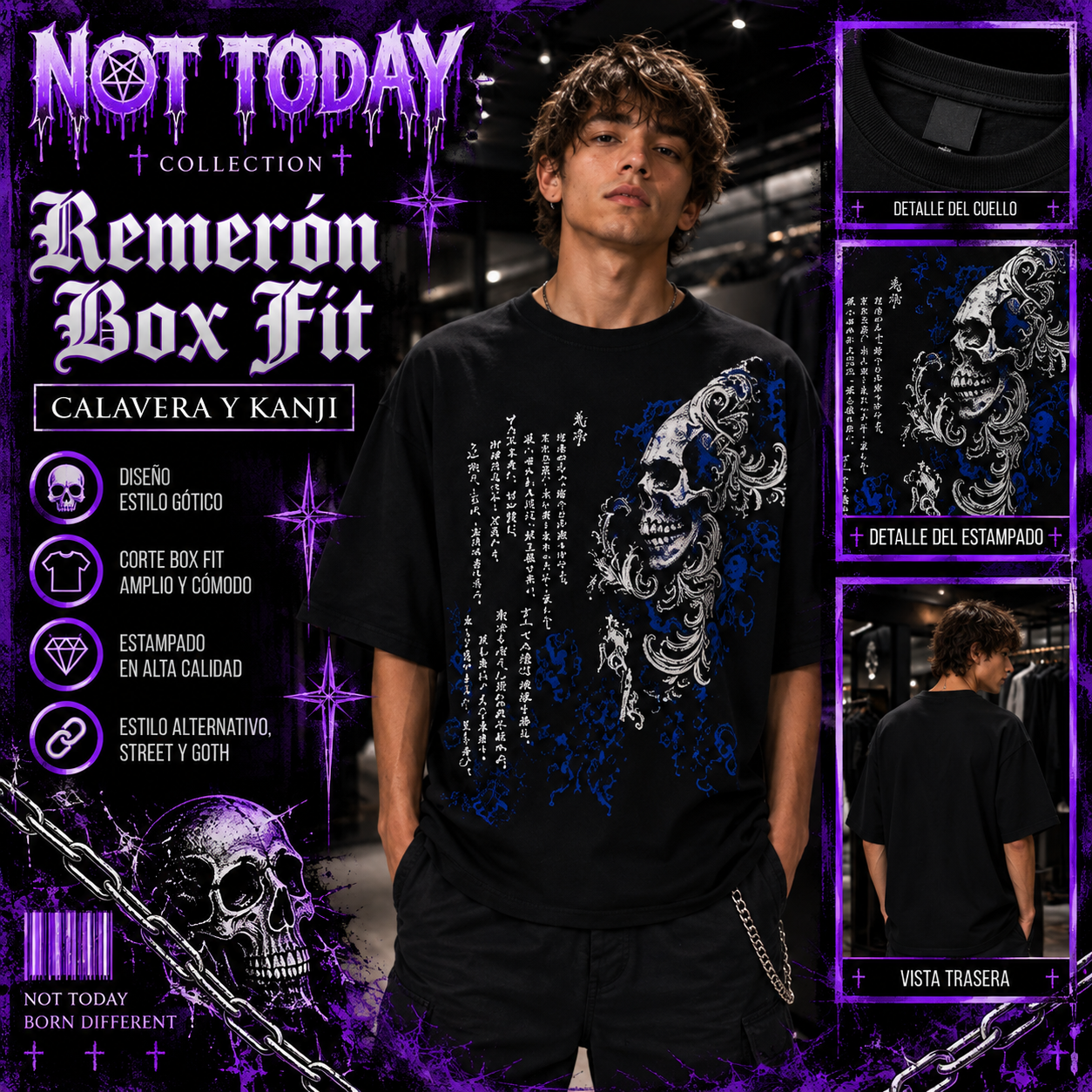 Remerón Box Fit Negro – Cráneo Samurai Azul